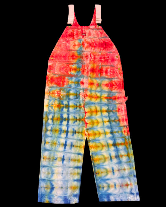 Overalls /// Dickies Bibs Layered Red, Gold & Blue Ice Dye /// Size 40W 30L